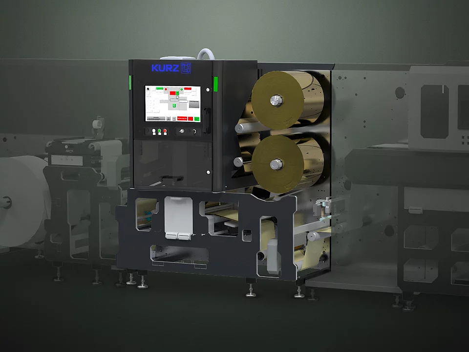 Kurz digital Embellishment solution Flexliner 2D with gold foil rolls and touchscreen interface.