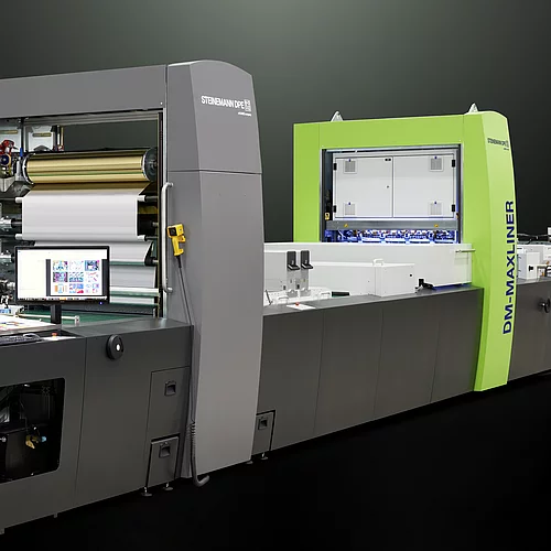 Kurz Digital Embellishement Solution with gray and green components labeled "STEINEMANN DPE" and "DM-MAXLINER," used for high-speed spot coating and metallization.
