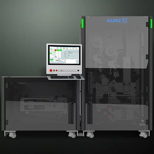 KURZ digital embellishment solution DM-JETLINER with touchscreen, black housing, and wheels.