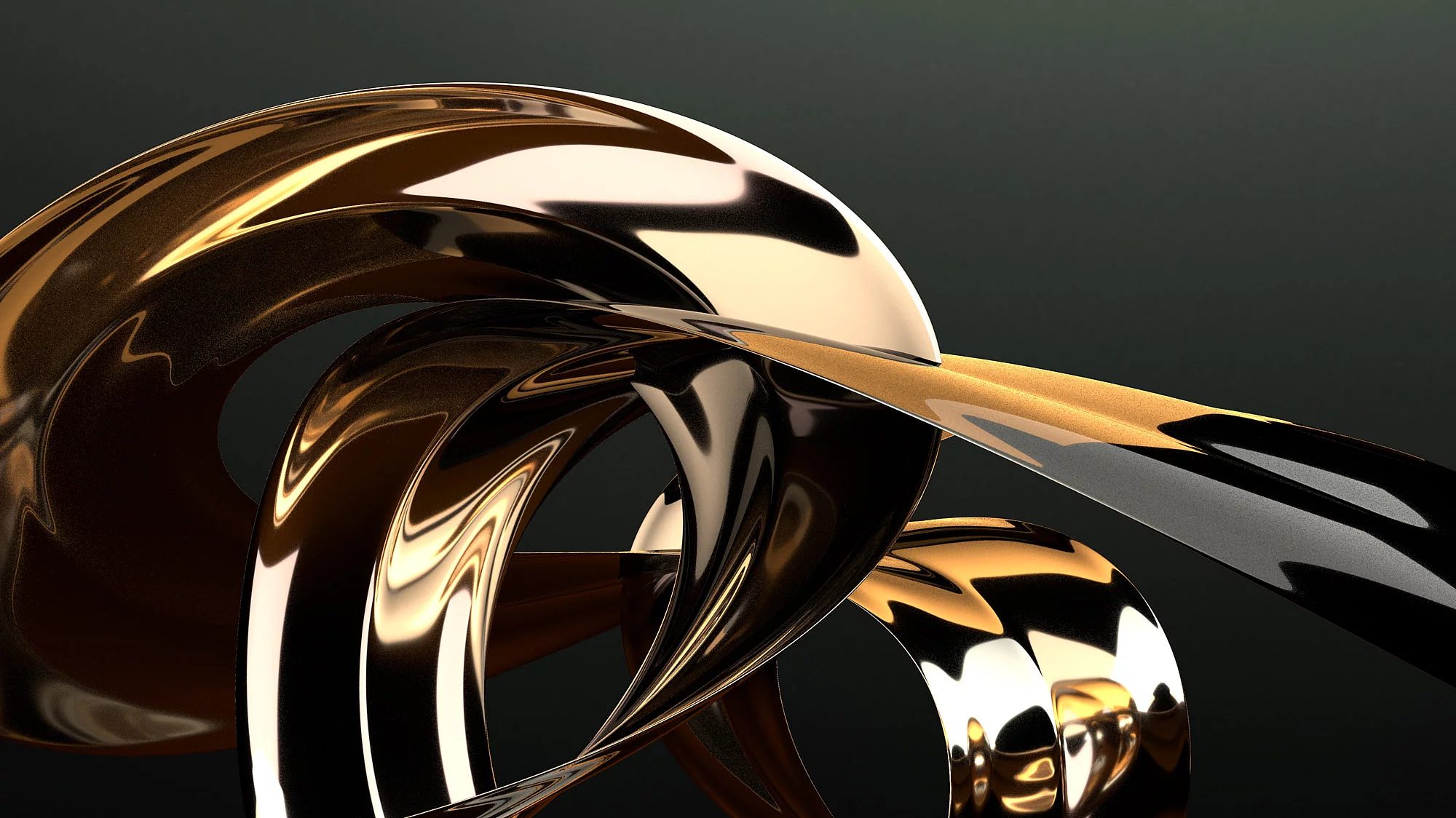 Abstract 3D rendering of intertwined metallic gold and silver ribbons on black background, representing KURZ’s premium finishing aesthetics.