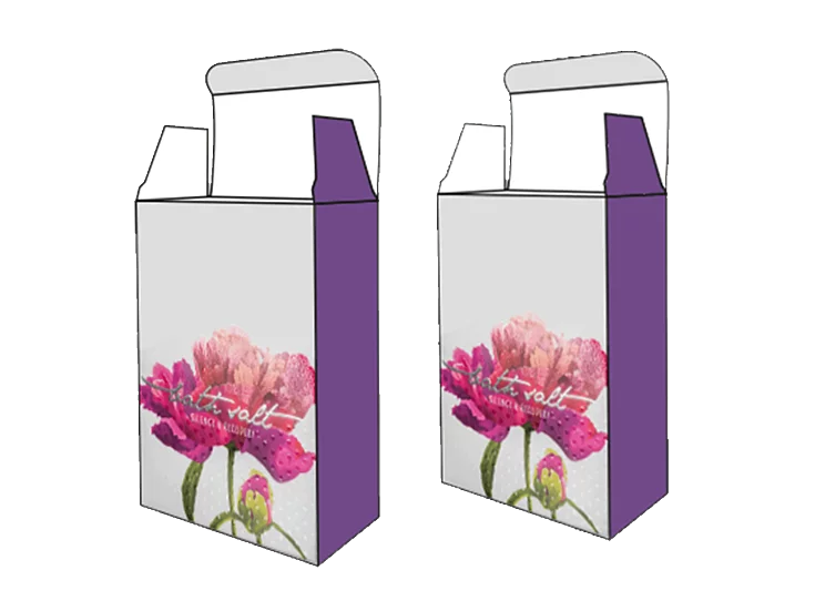 Two white packaging boxes with purple sides, featuring a pink flower and cursive text "alt-voll" on the front.