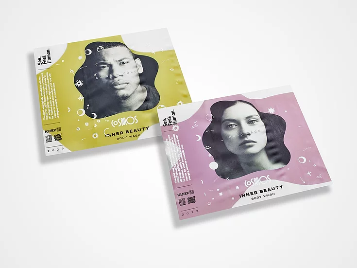 Two rectangular sachets of "Inner Beauty Body Wash" by Cosmos are shown on a white surface. The left sachet is yellow and white with a photo of a serious-looking man in black and white, surrounded by small, whimsical, space-themed icons