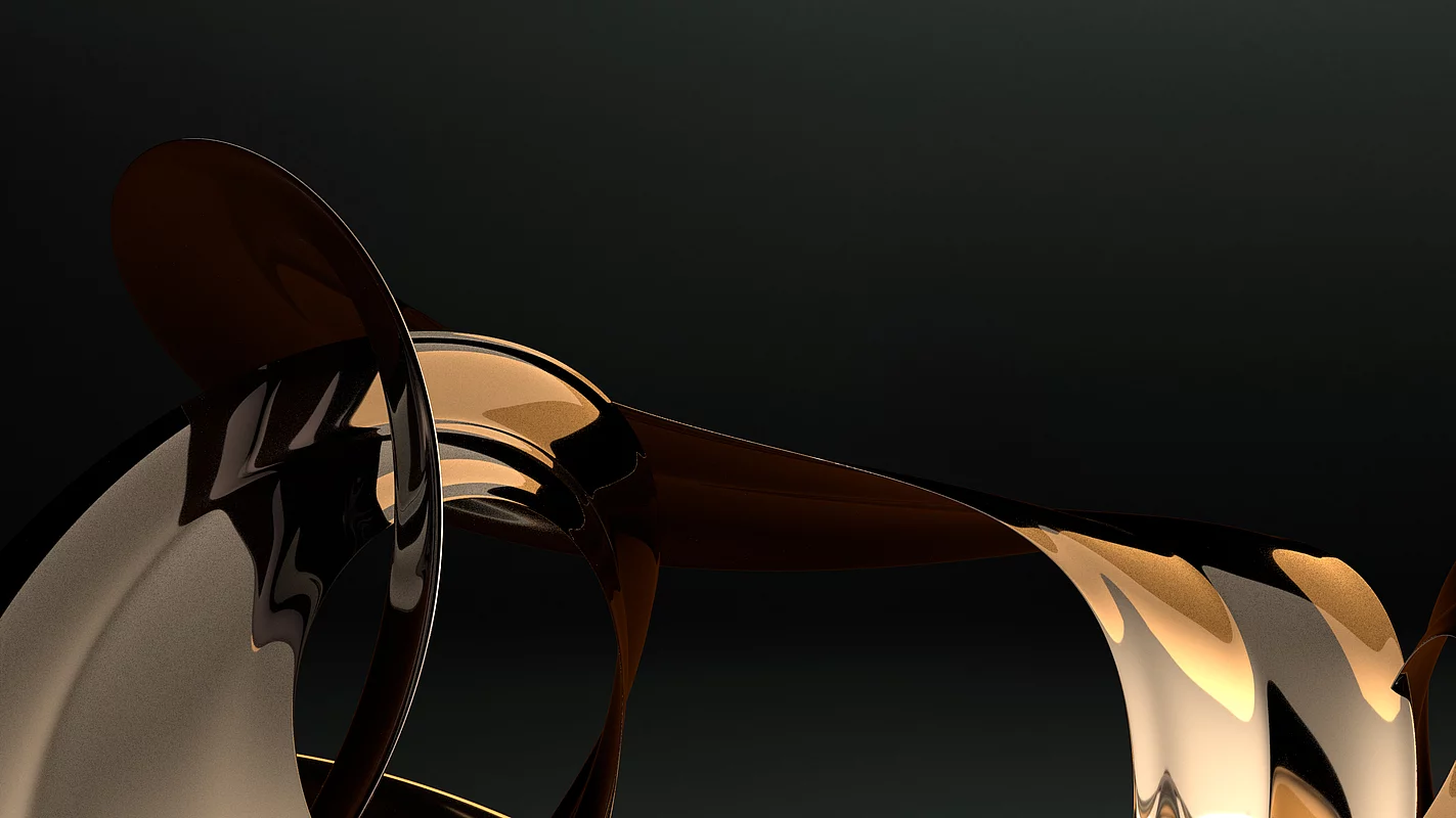 Abstract 3D rendering of intertwined metallic gold and silver ribbons on black background, representing KURZ’s premium finishing aesthetics.