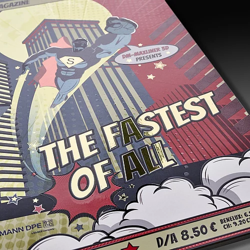 Comic book-style magazine cover titled “The Fastest of All” with superhero artwork, embossed elements, and metallic foil effects produced using KURZ DM-MAXLINER 3D technology.
