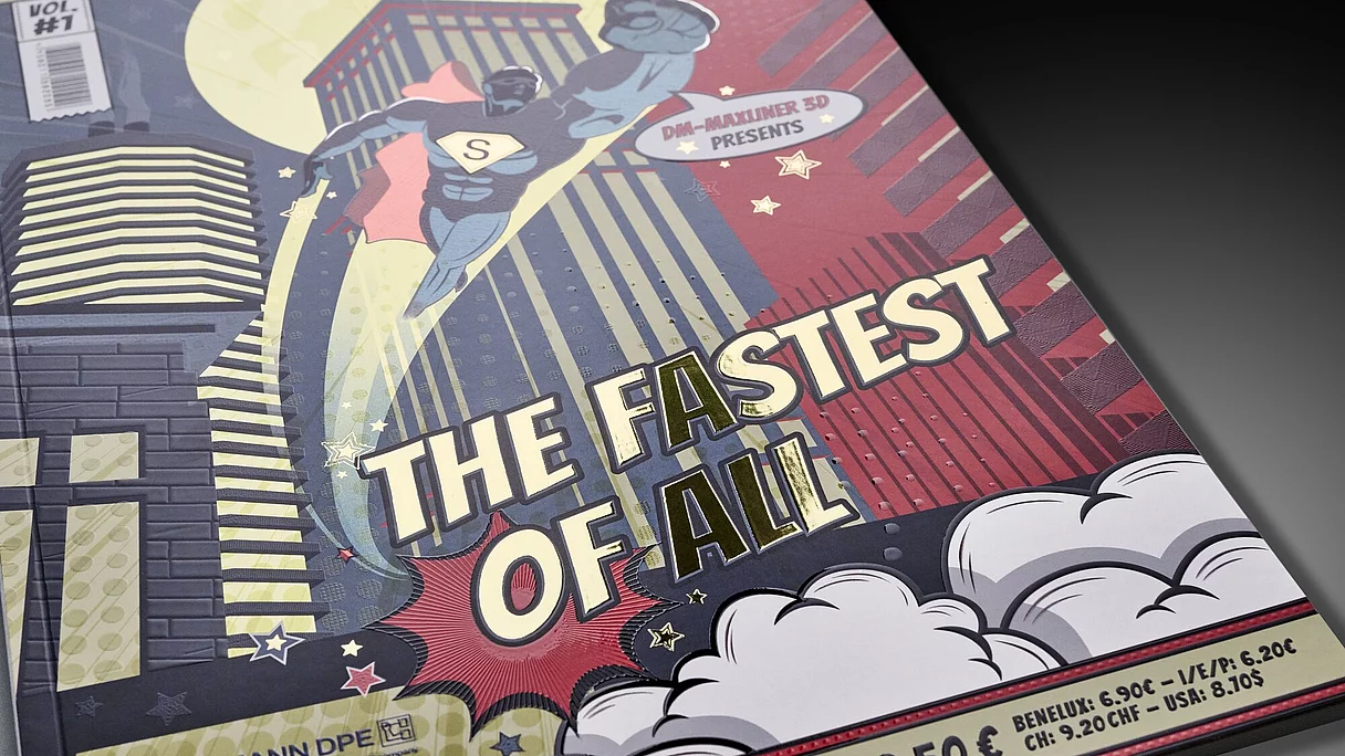 Comic book-style magazine cover titled “The Fastest of All” with superhero artwork, embossed elements, and metallic foil effects produced using KURZ DM-MAXLINER 3D technology.