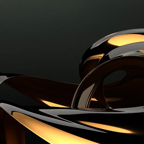 Abstract 3D rendering of intertwined metallic gold and silver ribbons on black background, representing KURZ’s premium finishing aesthetics.