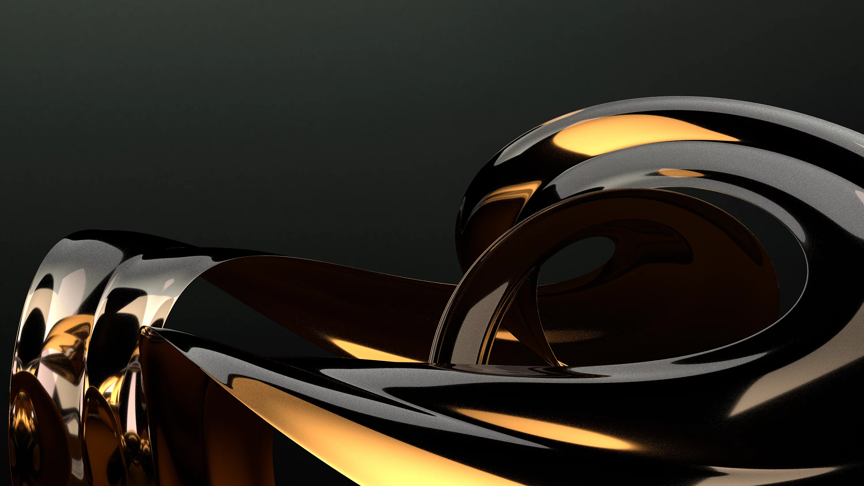 Abstract 3D rendering of intertwined metallic gold and silver ribbons on black background, representing KURZ’s premium finishing aesthetics.