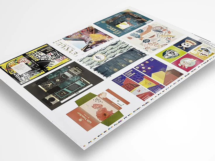 High-quality print sheet featuring various colorful and creatively designed packaging and label artworks, showcasing advanced embellishment and print finishing techniques.