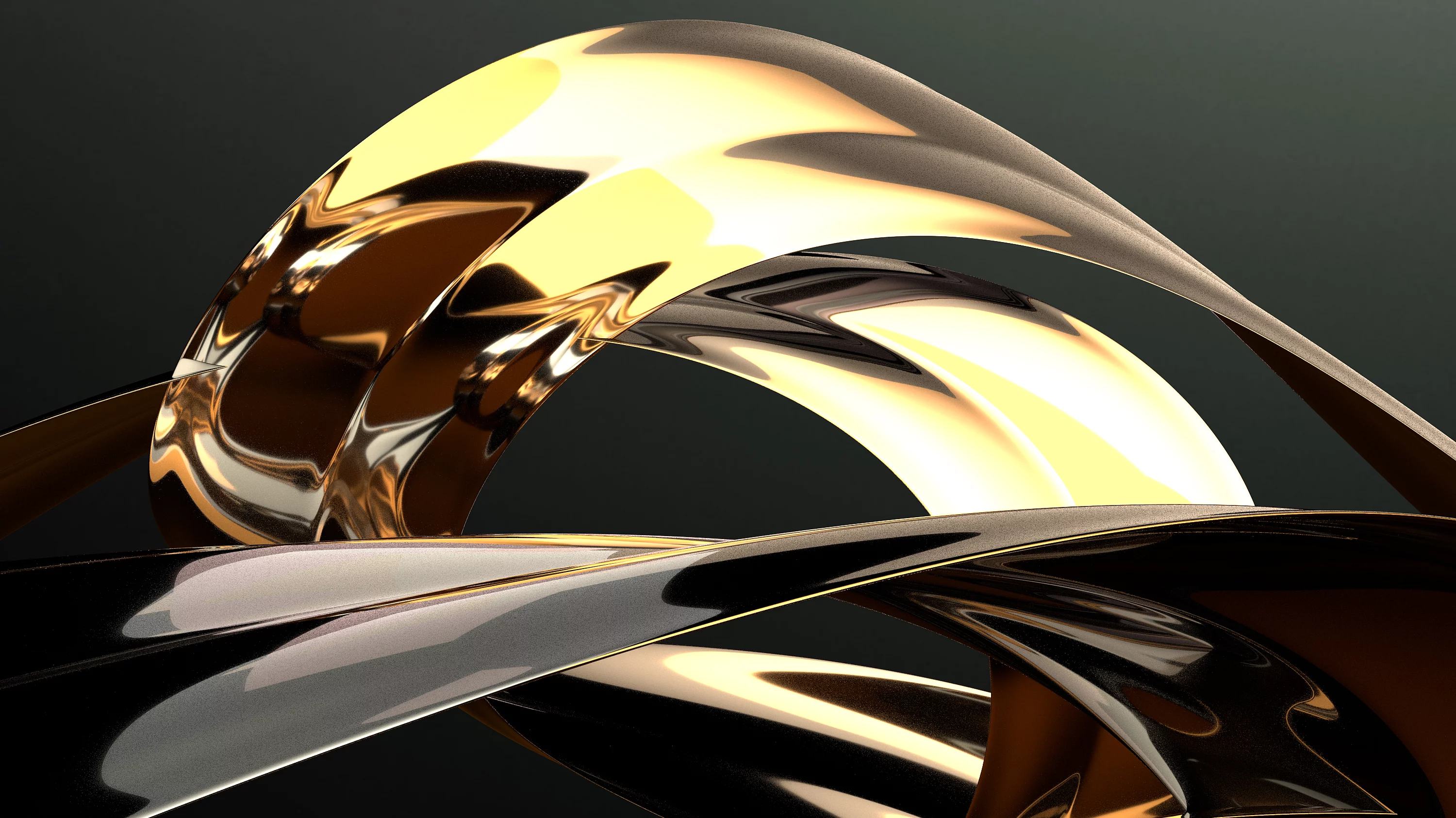 Abstract 3D rendering of intertwined metallic gold and silver ribbons on black background, representing KURZ’s premium finishing aesthetics.