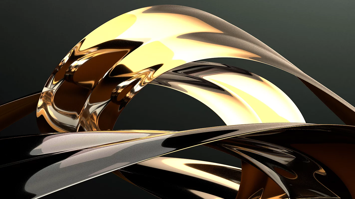 Abstract 3D rendering of intertwined metallic gold and silver ribbons on black background, representing KURZ’s premium finishing aesthetics.