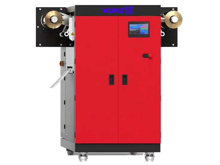 Red KURZ digital foil transfer unit with touchscreen interface and gold foil rolls, designed for efficient narrow-web embellishment applications.