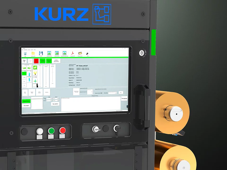 Kurz digital Embellishment solution Flexliner 2D with gold foil rolls and touchscreen interface.