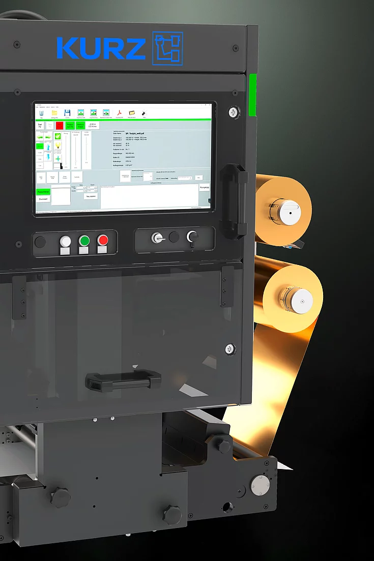 Kurz digital Embellishment solution Flexliner 2D with gold foil rolls and touchscreen interface. 