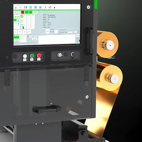 Kurz digitale Veredelungslösung Flexliner 2D mit Goldfolienrollen und Touchscreen-Schnittstelle.
