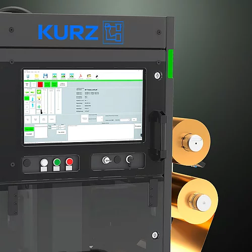 Kurz digital Embellishment solution Flexliner 2D with gold foil rolls and touchscreen interface.