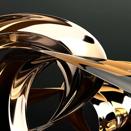 Abstract 3D rendering of intertwined metallic gold and silver ribbons on black background, representing KURZ’s premium finishing aesthetics.