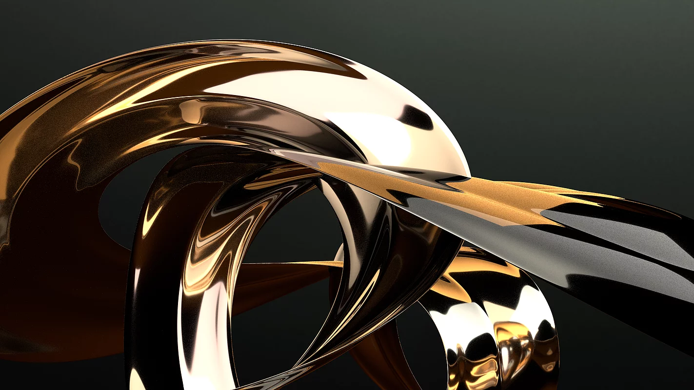 Abstract 3D rendering of intertwined metallic gold and silver ribbons on black background, representing KURZ’s premium finishing aesthetics.