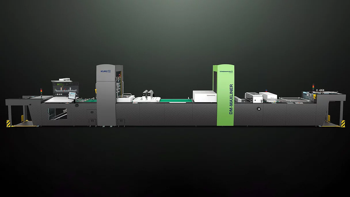 Kurz Digital Embellishement Solution with gray and green components labeled "STEINEMANN DPE" and "DM-MAXLINER," used for high-speed spot coating and metallization.