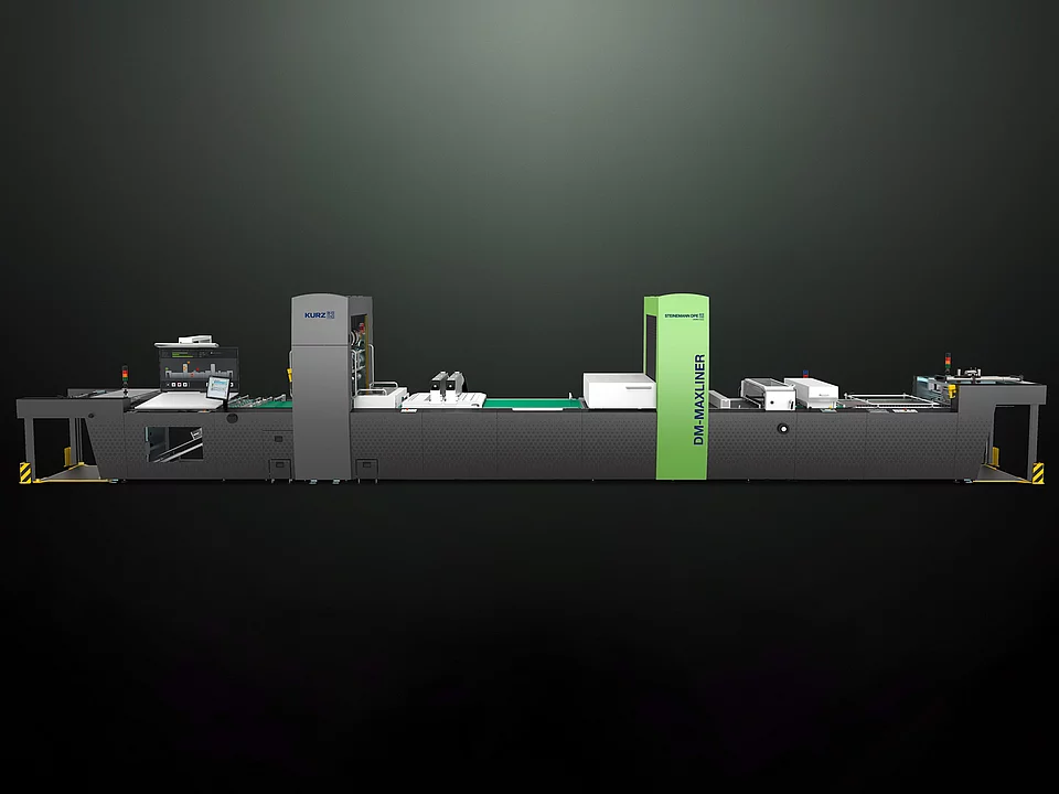 Kurz Digital Embellishement Solution with gray and green components labeled "STEINEMANN DPE" and "DM-MAXLINER," used for high-speed spot coating and metallization.