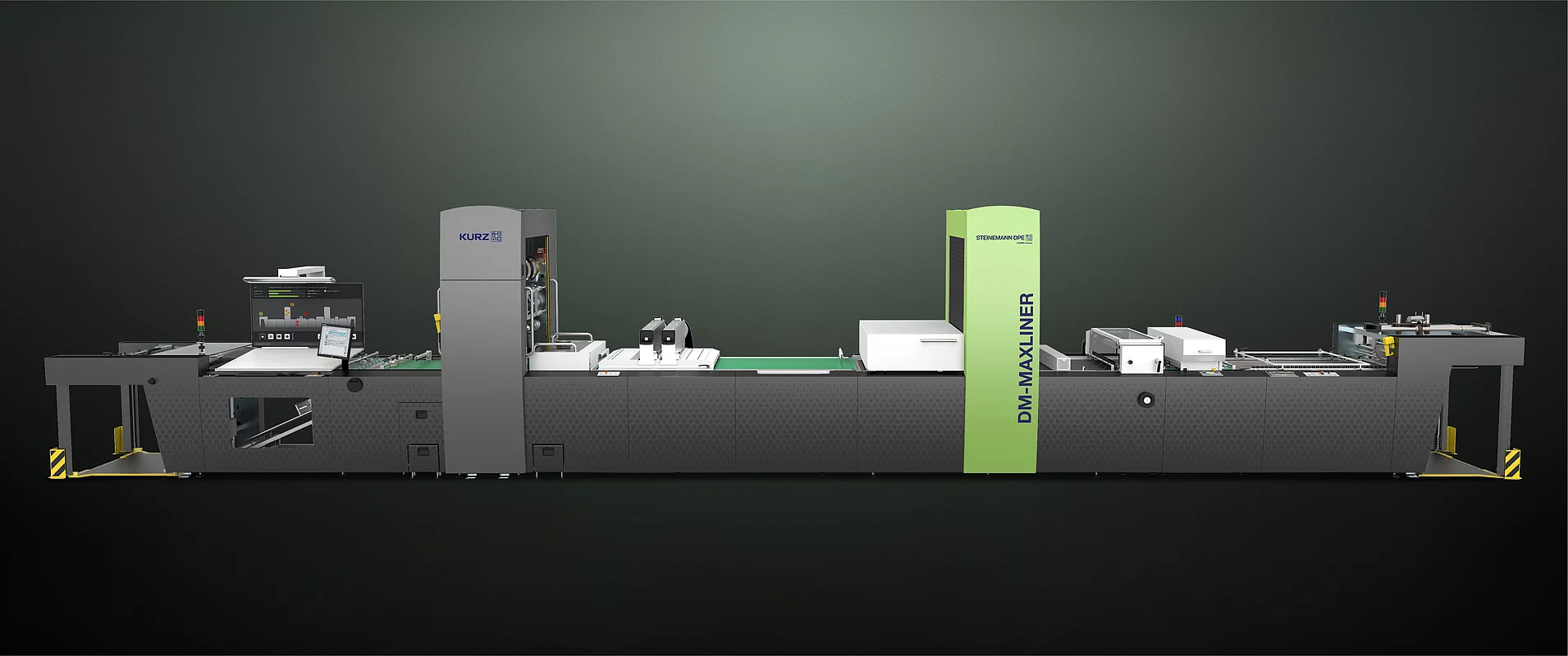 Kurz Digital Embellishement Solution with gray and green components labeled "STEINEMANN DPE" and "DM-MAXLINER," used for high-speed spot coating and metallization.