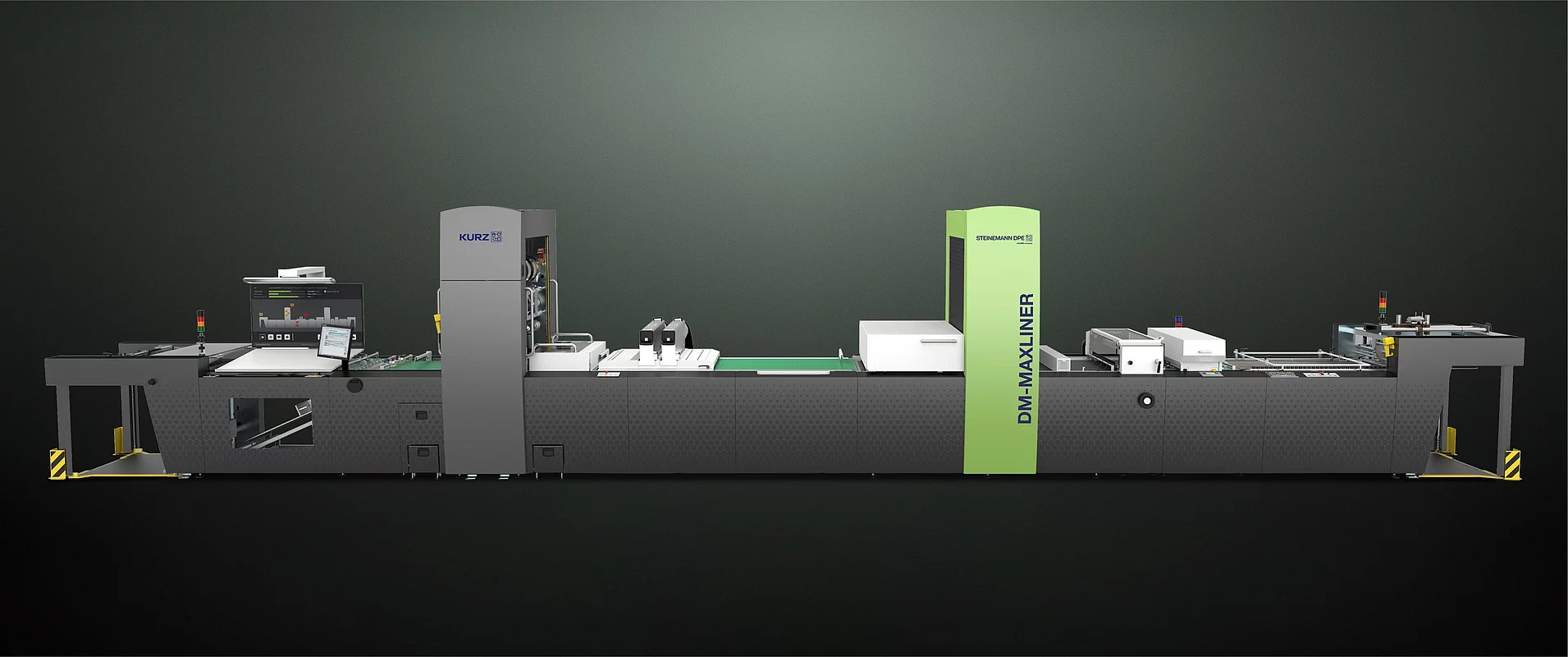 Kurz Digital Embellishement Solution with gray and green components labeled "STEINEMANN DPE" and "DM-MAXLINER," used for high-speed spot coating and metallization.