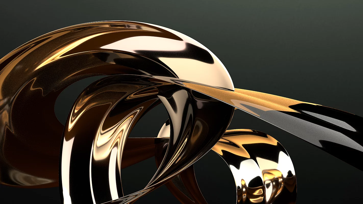 Abstract 3D rendering of intertwined metallic gold and silver ribbons on black background, representing KURZ’s premium finishing aesthetics.