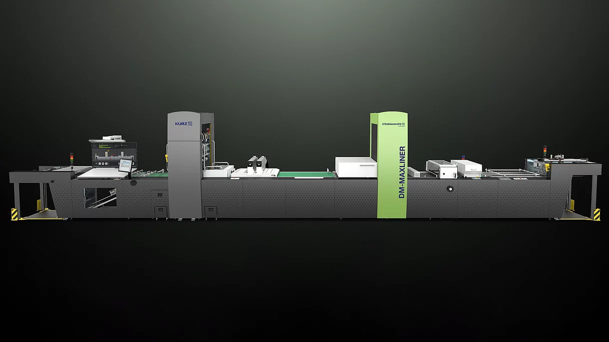 Kurz Digital Embellishement Solution with gray and green components labeled "STEINEMANN DPE" and "DM-MAXLINER," used for high-speed spot coating and metallization.