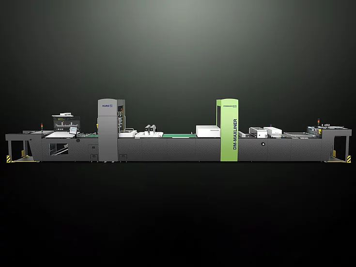 Kurz Digital Embellishement Solution with gray and green components labeled "STEINEMANN DPE" and "DM-MAXLINER," used for high-speed spot coating and metallization.