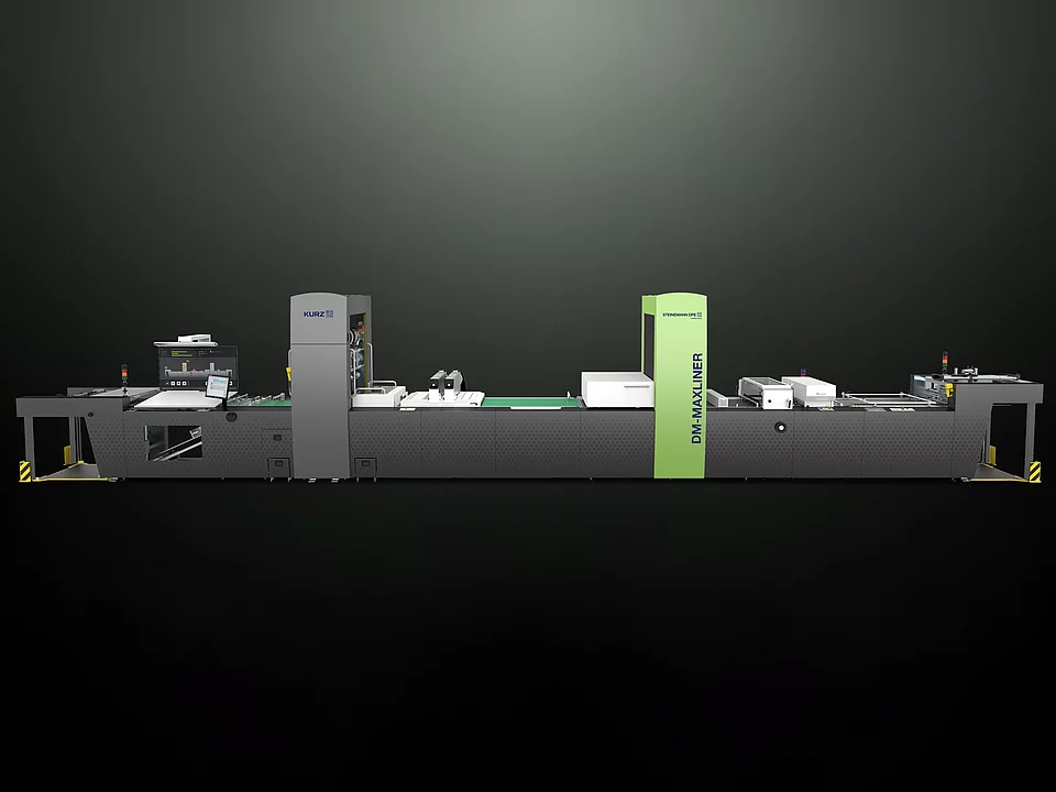 Kurz Digital Embellishement Solution with gray and green components labeled "STEINEMANN DPE" and "DM-MAXLINER," used for high-speed spot coating and metallization.