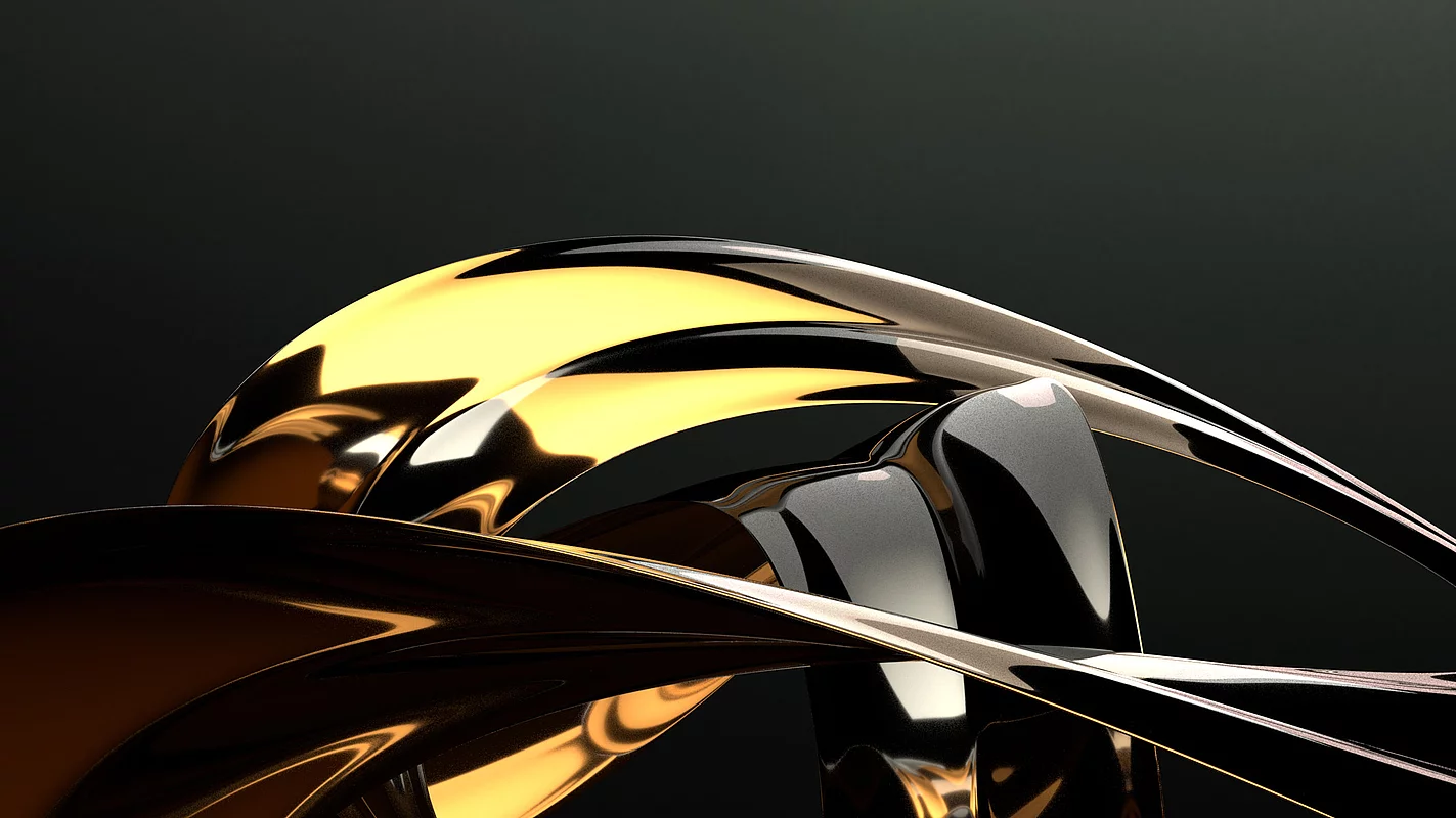Abstrakte 3D-Darstellung von ineinander verschlungenen metallischen Gold- und Silberbändern auf schwarzem Hintergrund, die die hochwertige Veredelungsästhetik von KURZ repräsentieren.