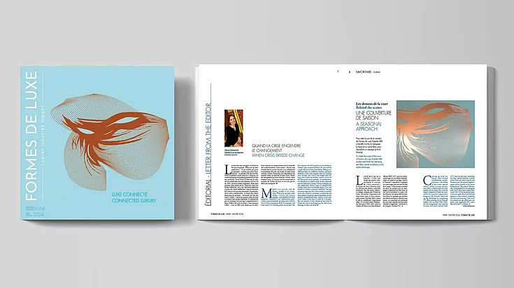 Cover and open spread of Formes de Luxe magazine Winter 2024 issue, featuring a blue cover with abstract orange design and an editorial page with text and a photo of the editor.