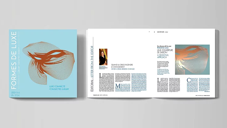 Cover and open spread of Formes de Luxe magazine Winter 2024 issue, featuring a blue cover with abstract orange design and an editorial page with text and a photo of the editor.