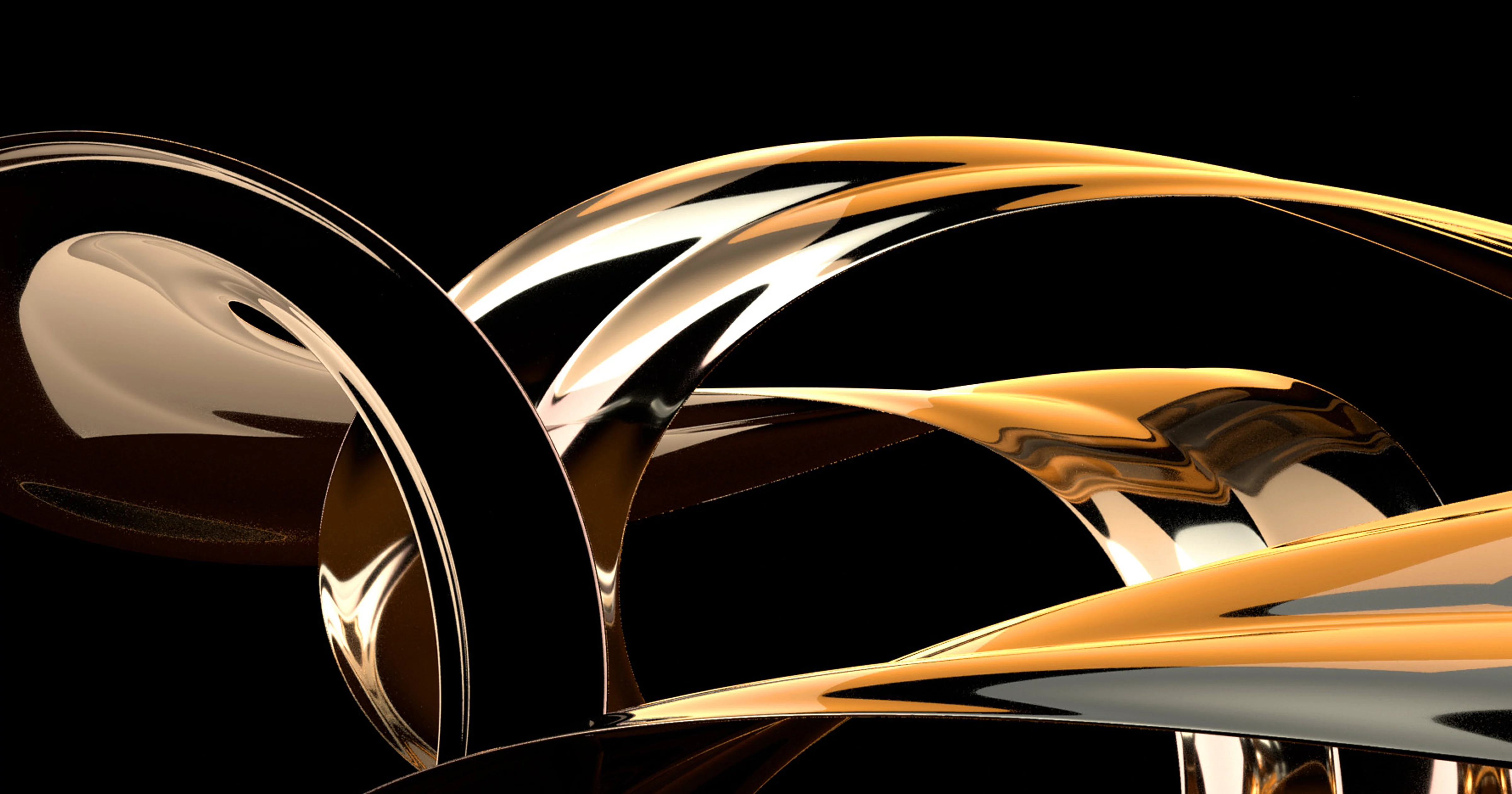 Abstract 3D rendering of intertwined metallic gold and silver ribbons on black background, representing KURZ’s premium finishing aesthetics.