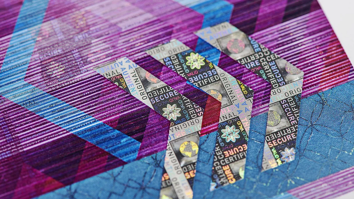 purple and blue geometric patterns with silver foil accents