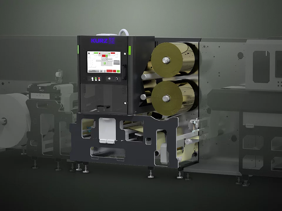 Kurz digital Embellishment solution Flexliner 2D with gold foil rolls and touchscreen interface.