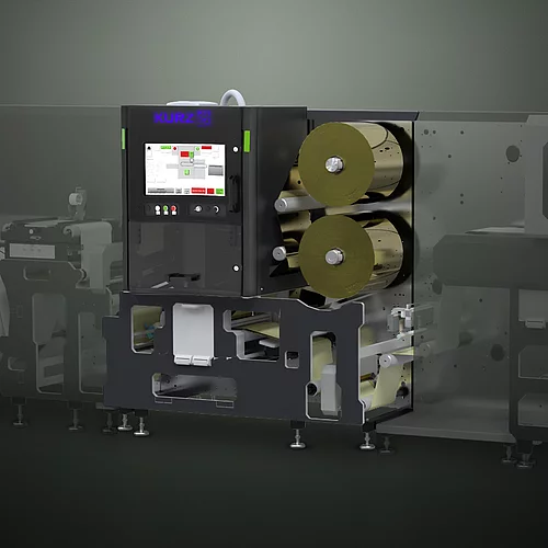 Kurz digital Embellishment solution Flexliner 2D with gold foil rolls and touchscreen interface. 