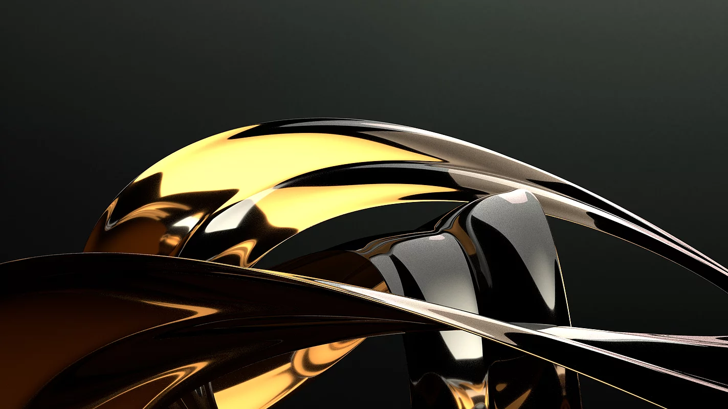 Abstract 3D rendering of intertwined metallic gold and silver ribbons on black background, representing KURZ’s premium finishing aesthetics.