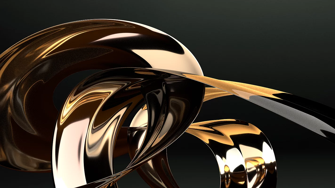 Abstract 3D rendering of intertwined metallic gold and silver ribbons on black background, representing KURZ’s premium finishing aesthetics.