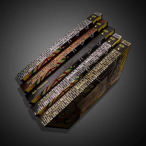 Stack of premium “Behind the Wall” book editions by Sam Hopemore with metallic foil details, textured covers, and vibrant spine designs, showcasing advanced print finishing.