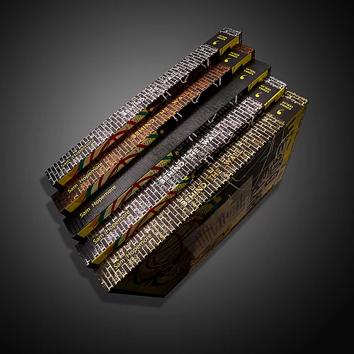 Stapel hochwertiger Ausgaben des Buches „Behind the Wall“ von Sam Hopemore mit Metallic-Folienverzierungen, strukturierten Einbänden und auffälligen Rückenmotiven, die eine fortschrittliche Druckveredelung präsentieren.