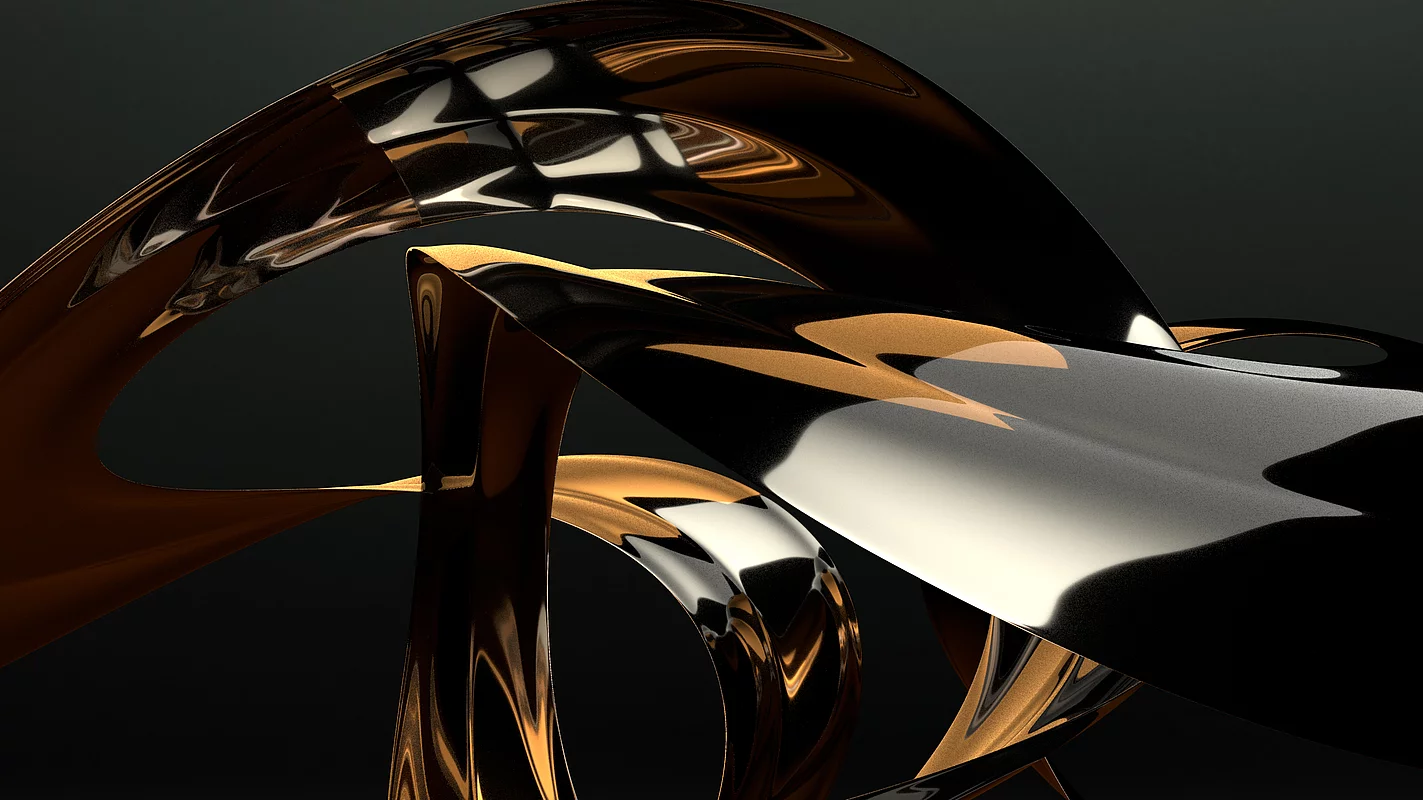 Abstract 3D rendering of intertwined metallic gold and silver ribbons on black background, representing KURZ’s premium finishing aesthetics.