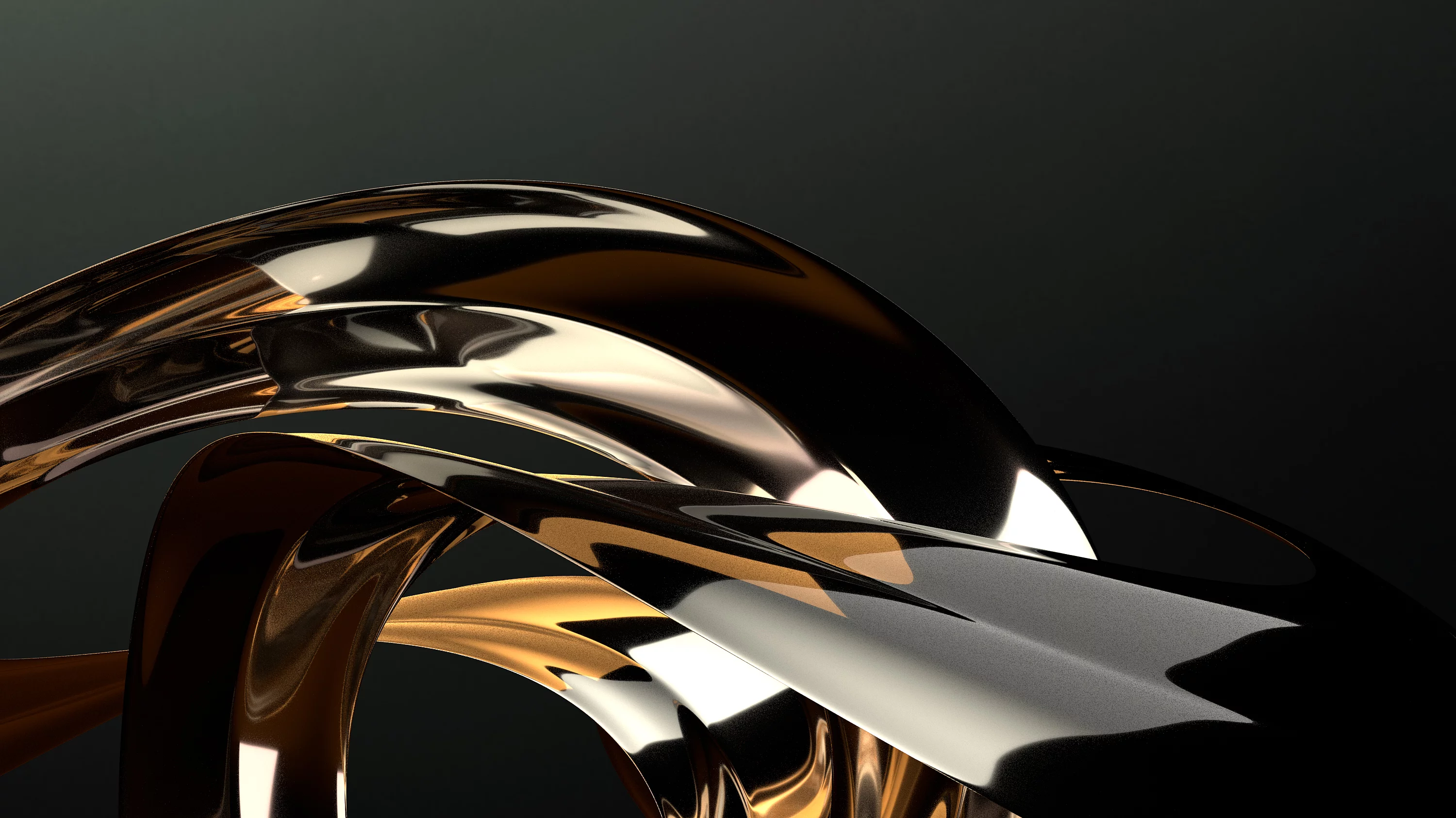 Abstract 3D rendering of intertwined metallic gold and silver ribbons on black background, representing KURZ’s premium finishing aesthetics.