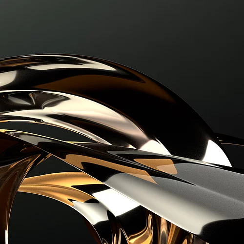 Abstract 3D rendering of intertwined metallic gold and silver ribbons on black background, representing KURZ’s premium finishing aesthetics.