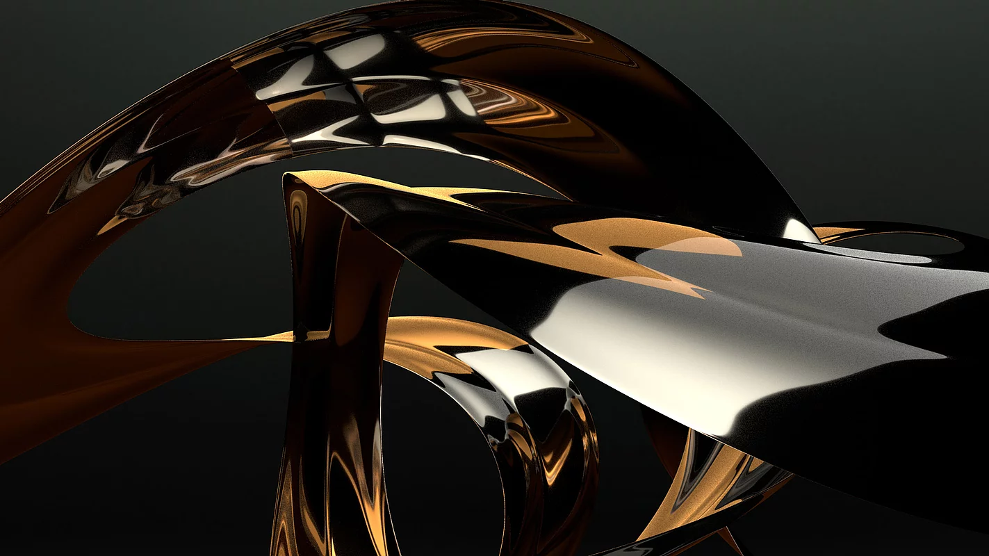 Abstract 3D rendering of intertwined metallic gold and silver ribbons on black background, representing KURZ’s premium finishing aesthetics.