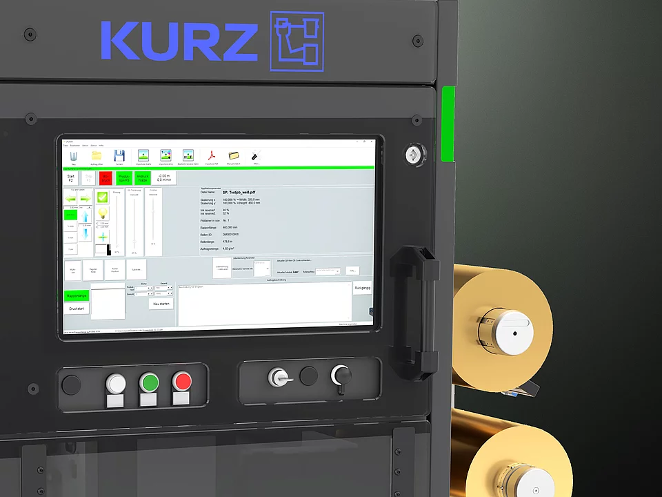 Kurz digital Embellishment solution Flexliner 2D with gold foil rolls and touchscreen interface.