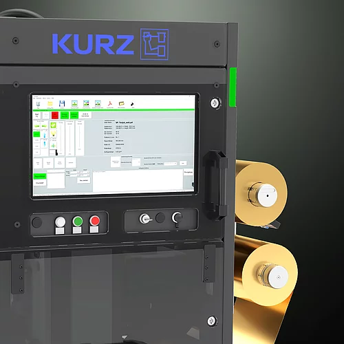 Kurz digital Embellishment solution Flexliner 2D with gold foil rolls and touchscreen interface.