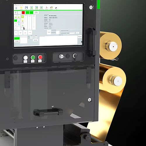 Kurz digitale Veredelungslösung Flexliner 2D mit Goldfolienrollen und Touchscreen-Schnittstelle.