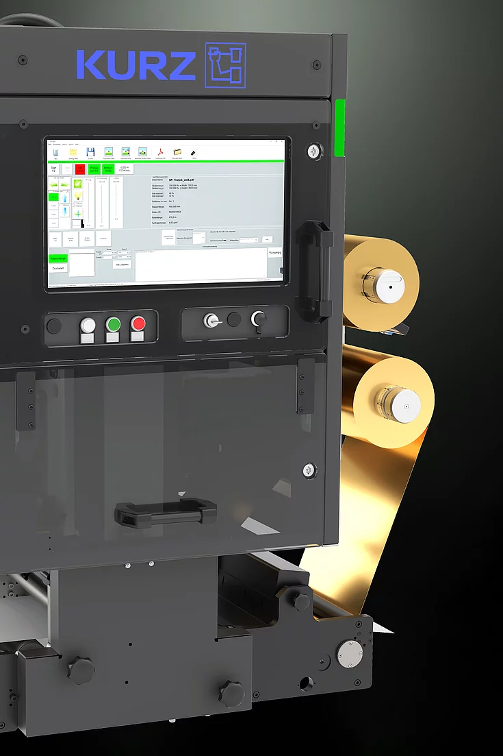 Kurz digital Embellishment solution Flexliner 2D with gold foil rolls and touchscreen interface. 