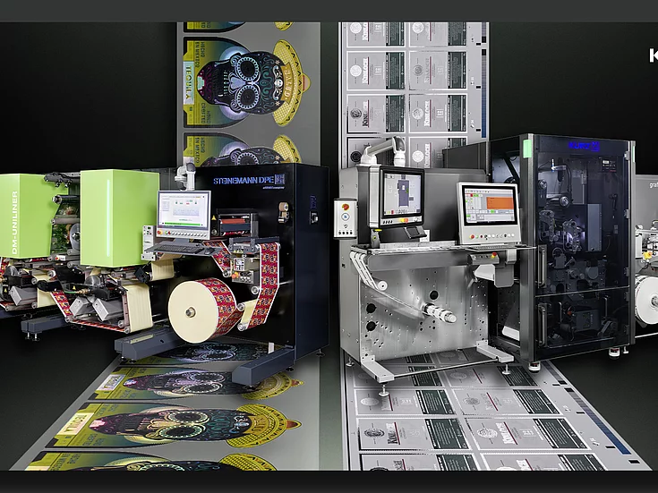 KURZ digital embellishment line featuring DM-UNILINER and STEINEMANN DPE units with integrated foil application and inspection systems for label and packaging production.