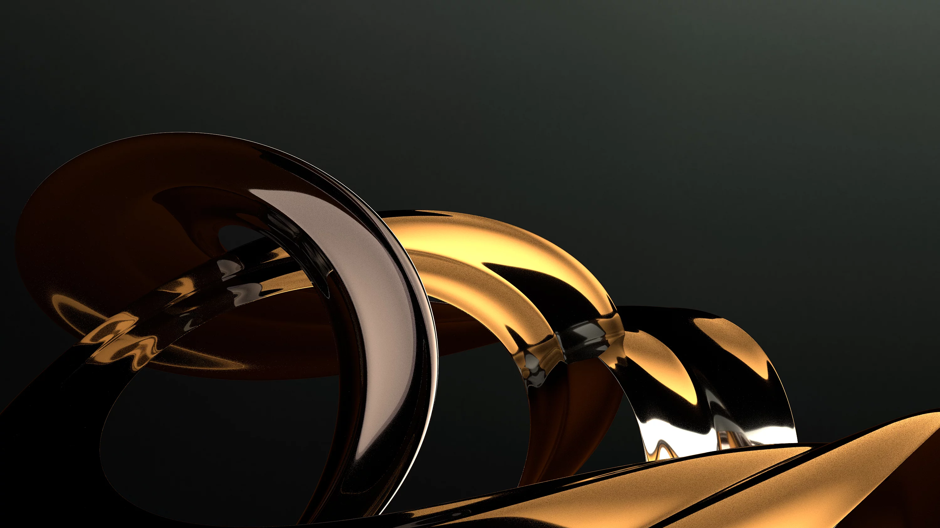 Abstract 3D rendering of intertwined metallic gold and silver ribbons on black background, representing KURZ’s premium finishing aesthetics.